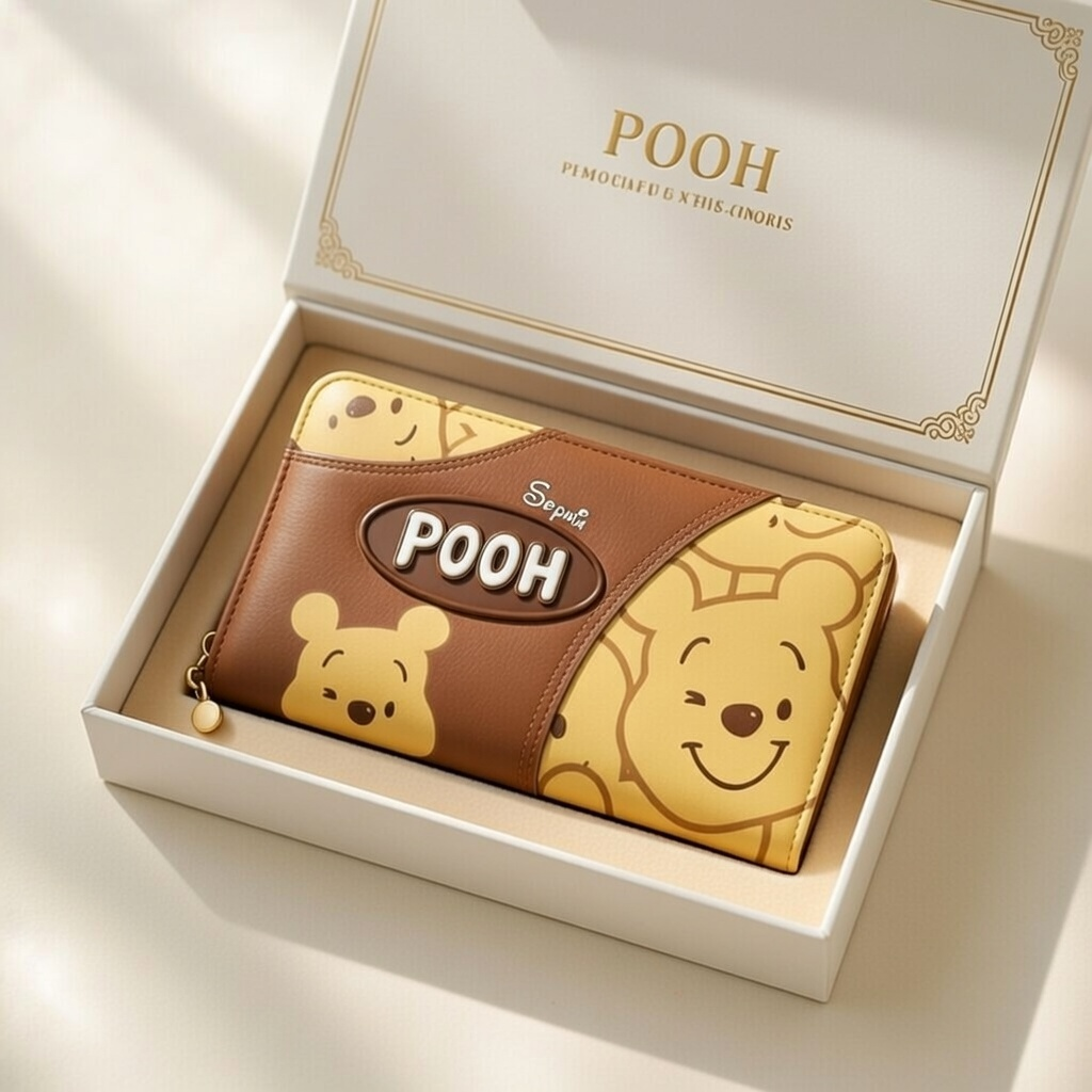Personalized Leather Long Wallet with Pooh Design Gift Idea