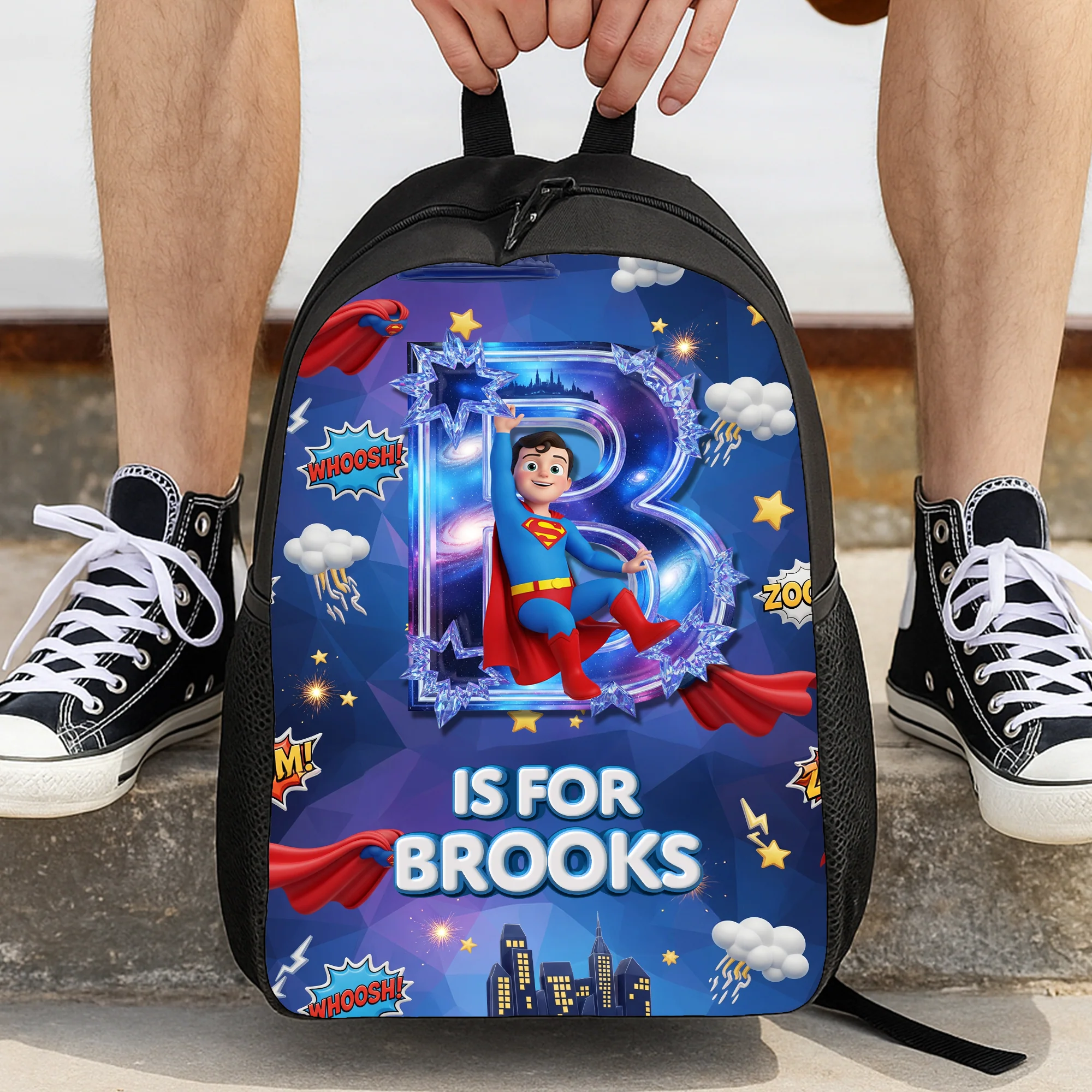 Personalized Cartoon Superhero Backpack with Lunch Bag, Case & Bottle - Back to School Gift