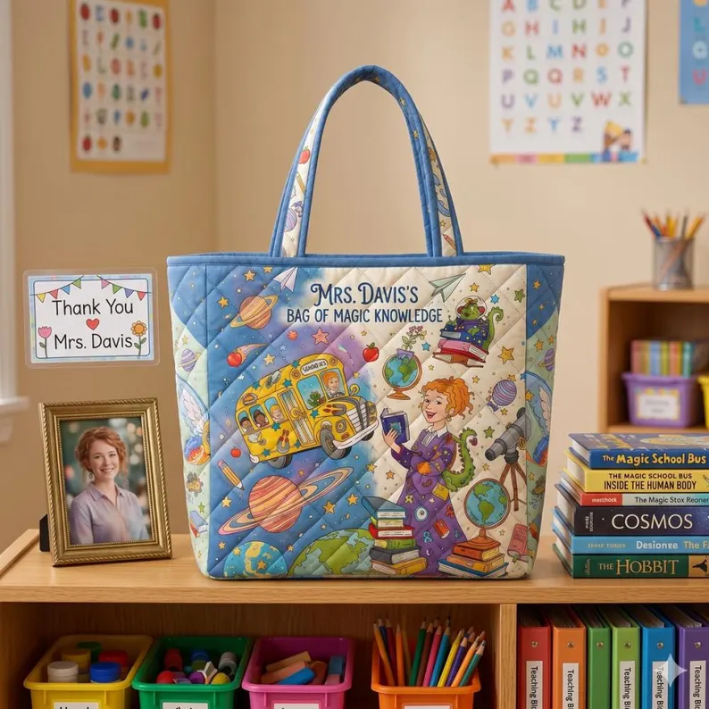 Personalized Quilted Tote Bag Gift for Teacher - Custom Name