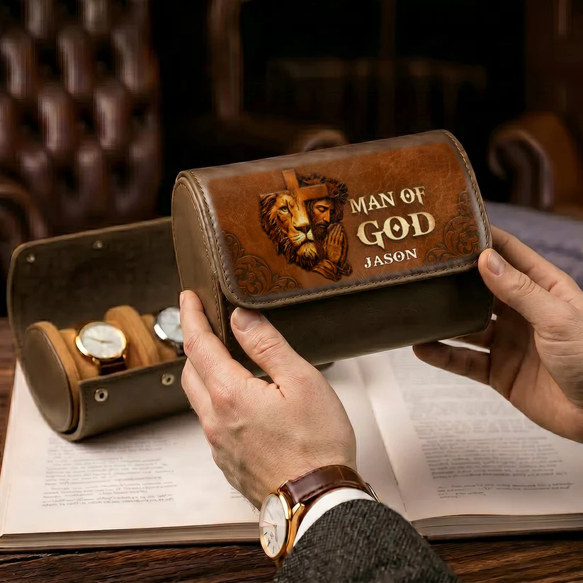 Personalized Leather Watch Case with Man Of God Design Gift for Dad