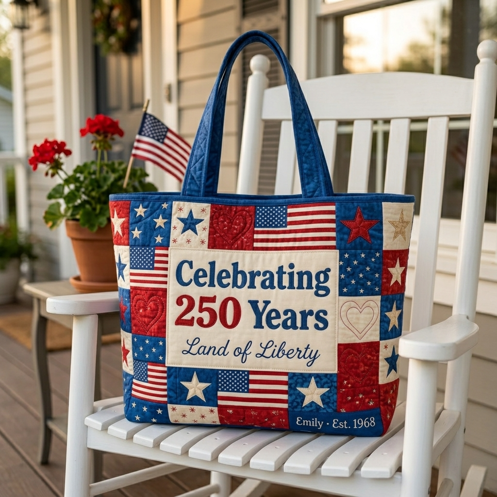 Personalized Quilted Tote Bag with Patriotic Design for Her - 250 Years Land of Liberty Gift
