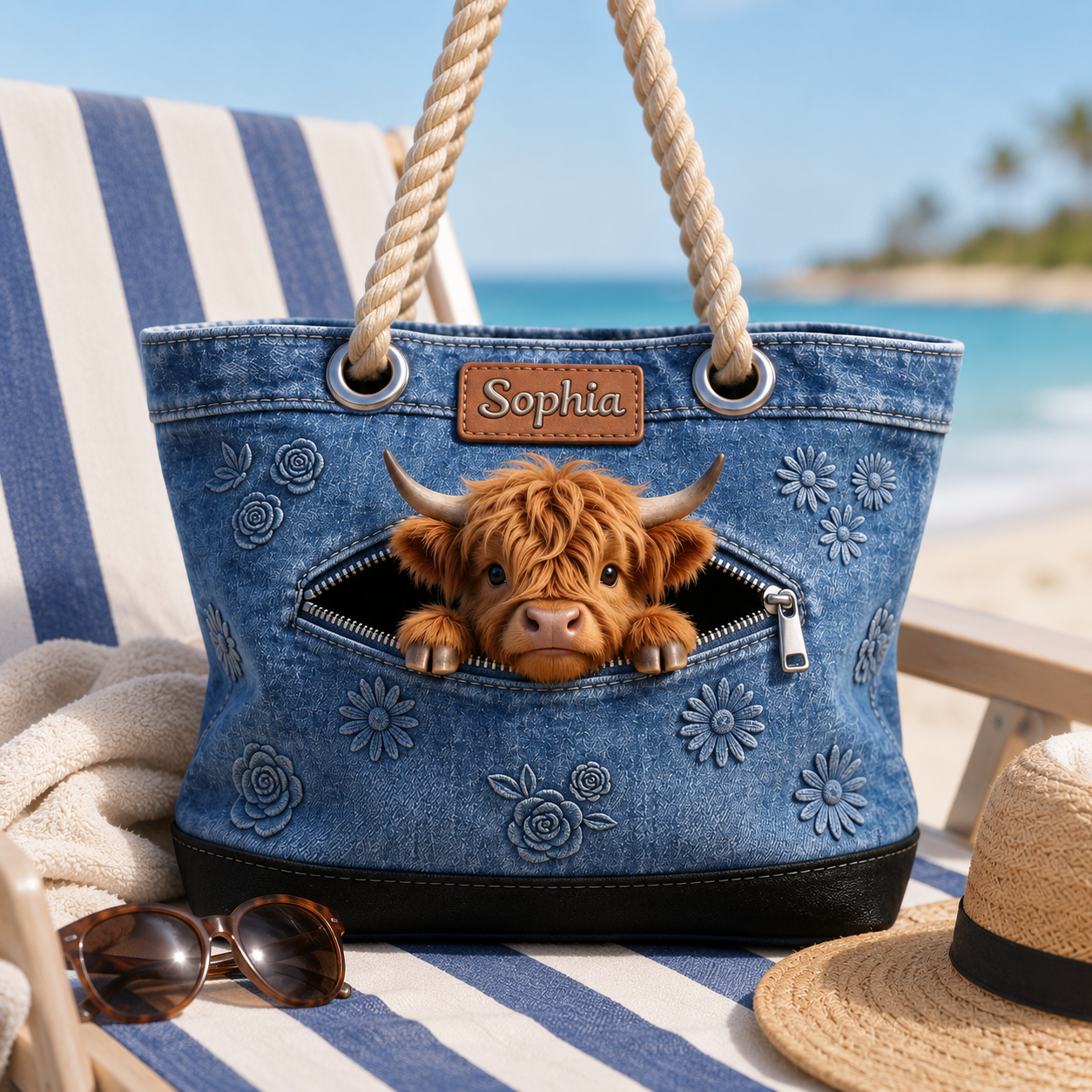 Personalized Highland Cow Denim Beach Bag Custom Name Gift for Farmer