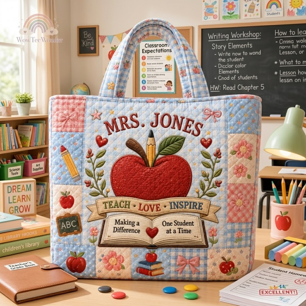 Personalized Quilted Tote Bag for Teacher with Custom Name - Gift for Back to School