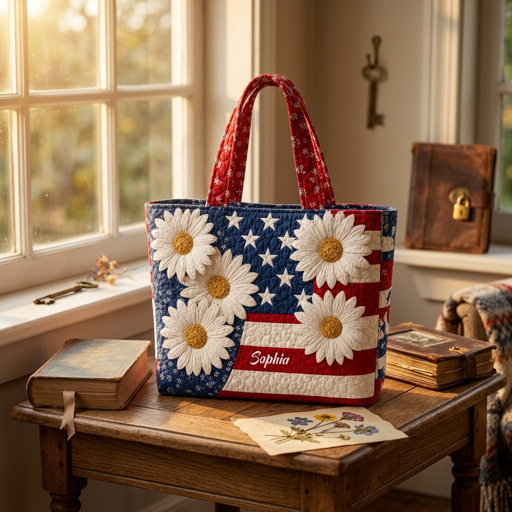 Personalized American Flag Daisy Quilted Tote Bag - Gift for Her