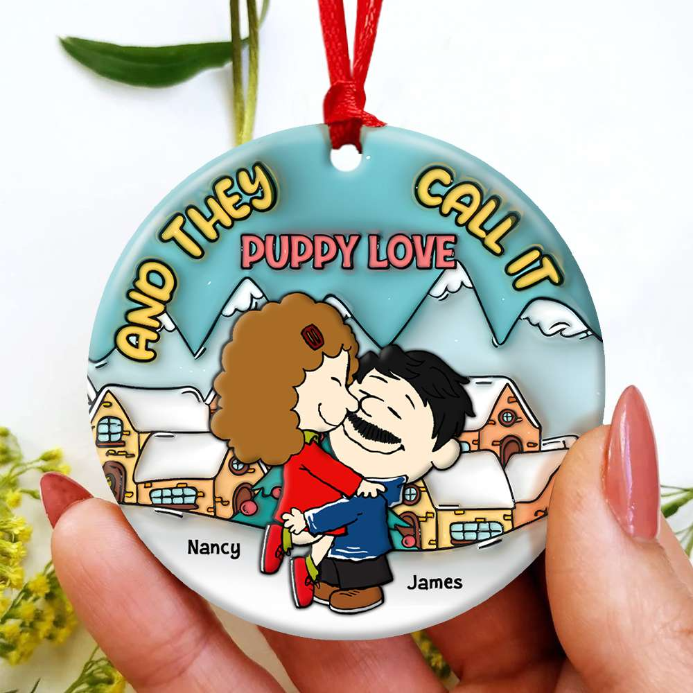 Personalized Christmas Puppy Love Ceramic Ornament Gift for Couples