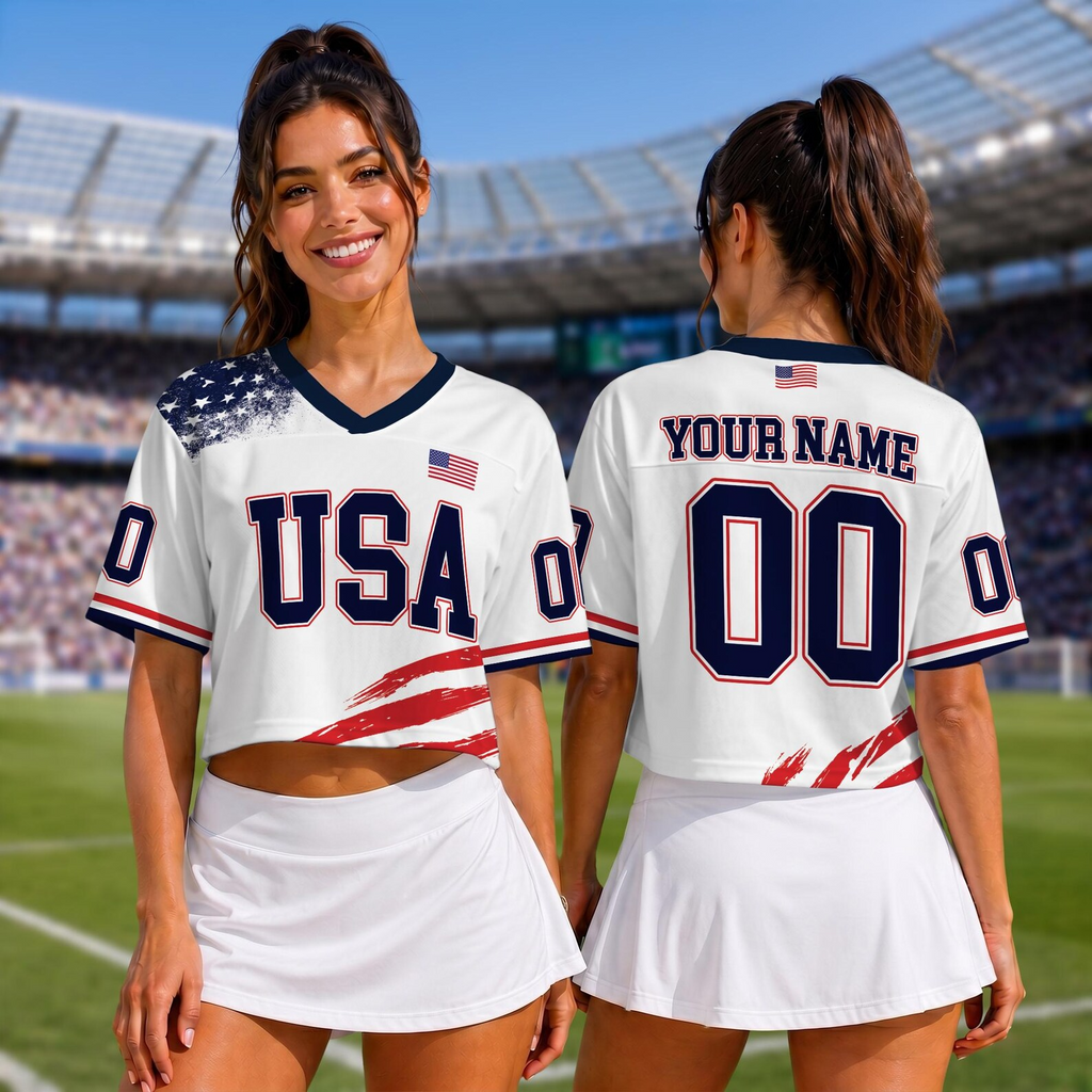 Personalized USA Flag Crop Tee Custom Name Jersey Gift for Sports Fans