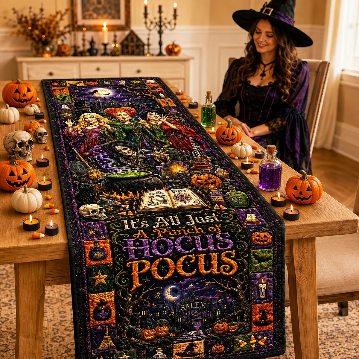 Personalized Halloween Quilt Table Runner Custom Name Family Gift Quilt Table Runner GradoCreations