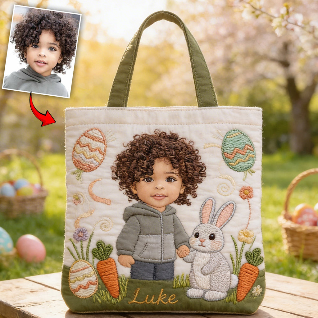 Personalized Quilted Tote Bag with Kid Photo & Easter Bunny Gift for Family