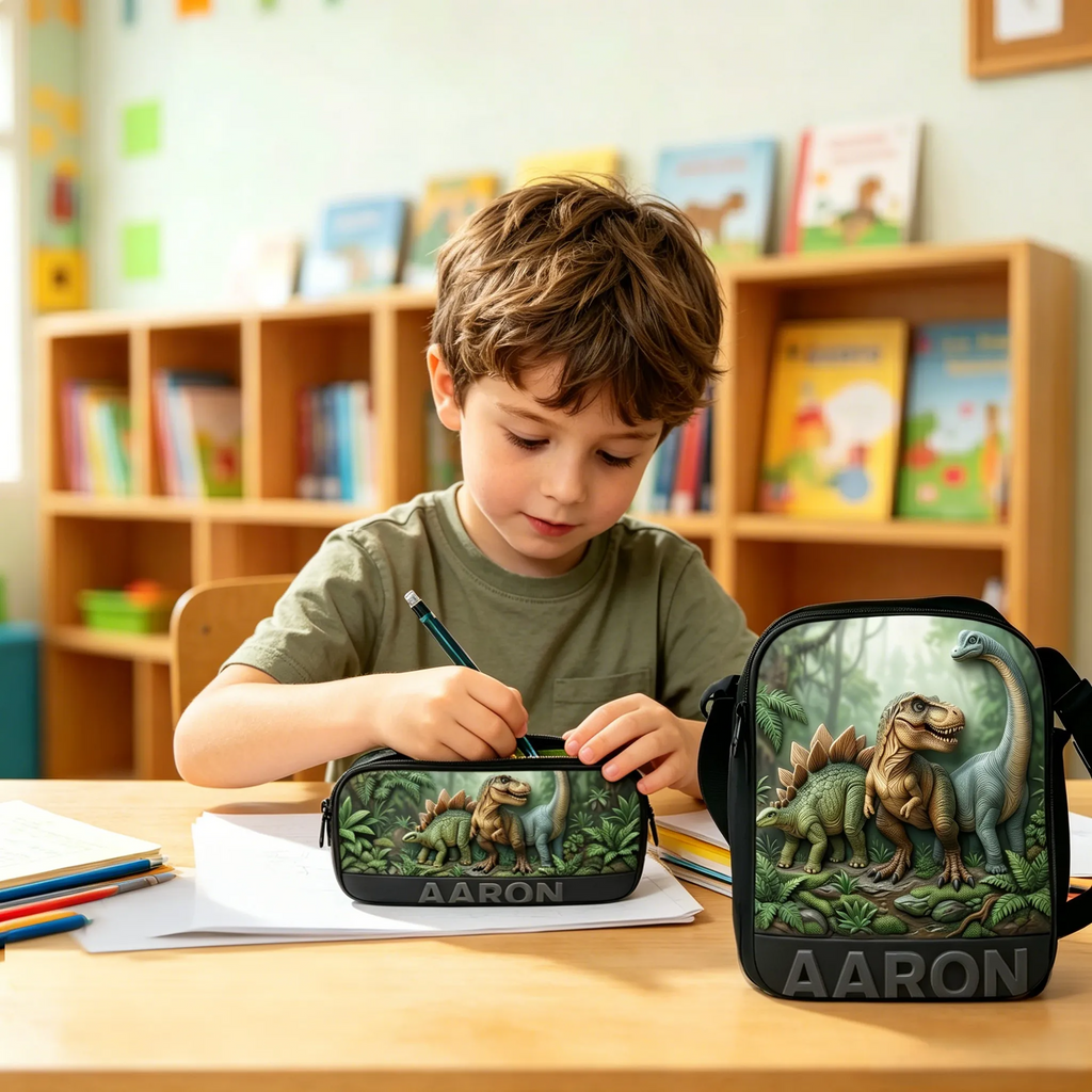 Personalized Dinosaur Backpack Set with Name - School Gift for Kids