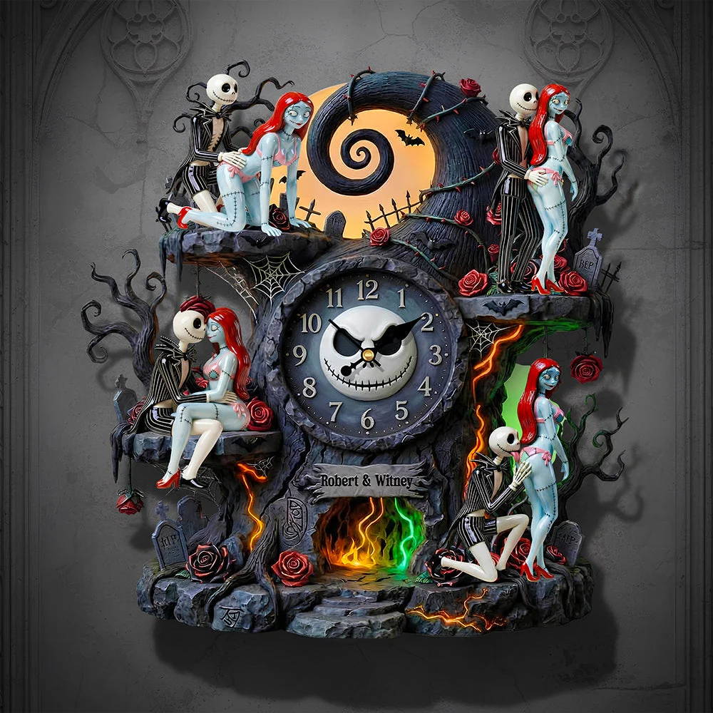 Personalized Spooky Couple Wall Hanging Clock Custom Name Gift for Halloween Wall Hanging Clock GradoCreations