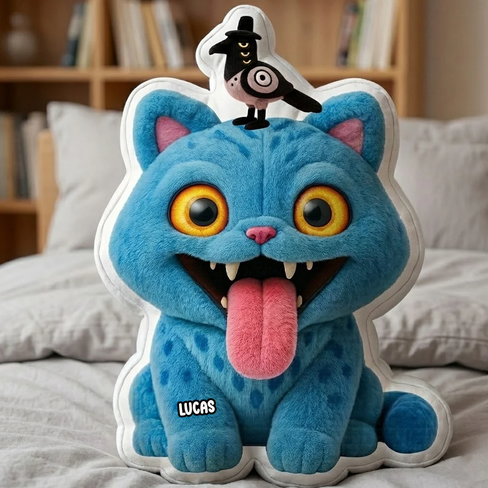 Personalized Blue Cat Monster Pillow Custom Name Gift for Kids Pillow GradoCreations
