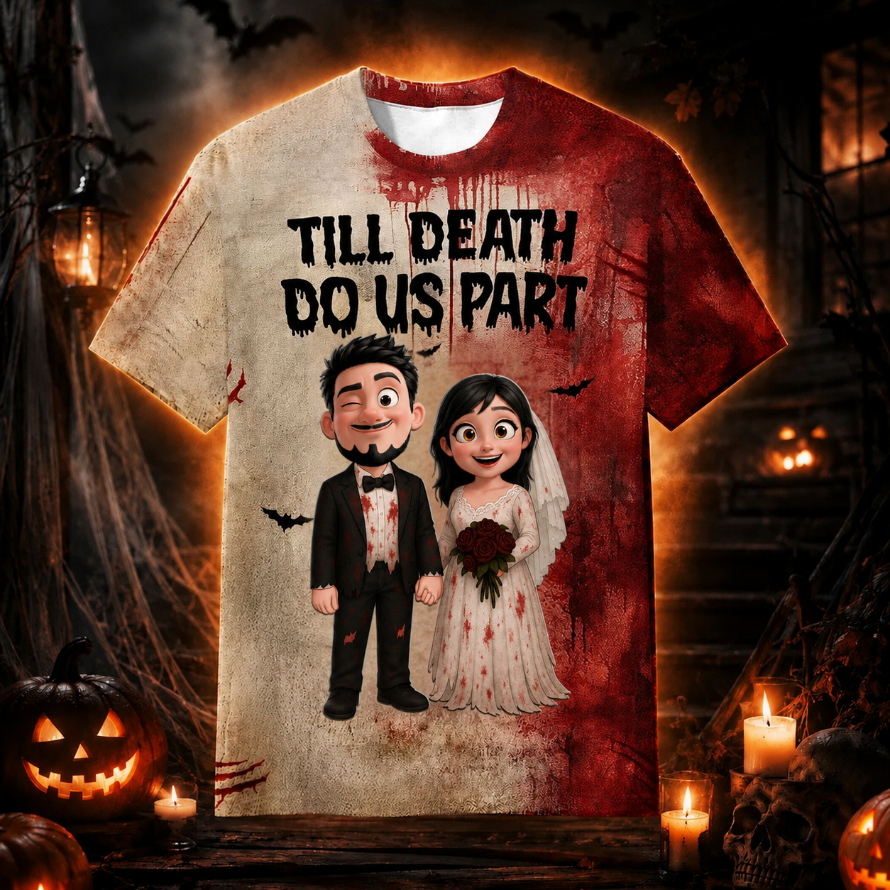 Personalized Halloween AOP T-shirt for Couples | Till Death Do Us Part AOP Tshirt GradoCreations