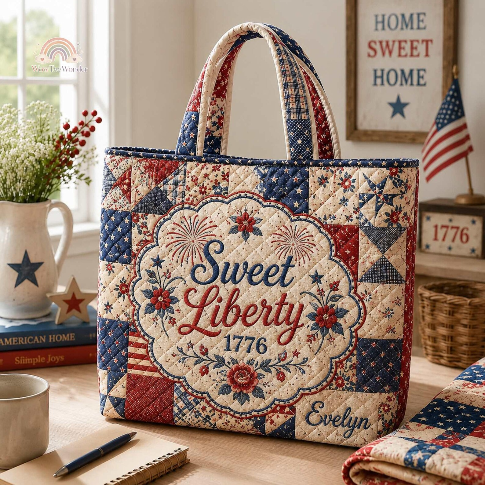 Personalized Quilted Tote Bag USA Flag Sweet Liberty Gift
