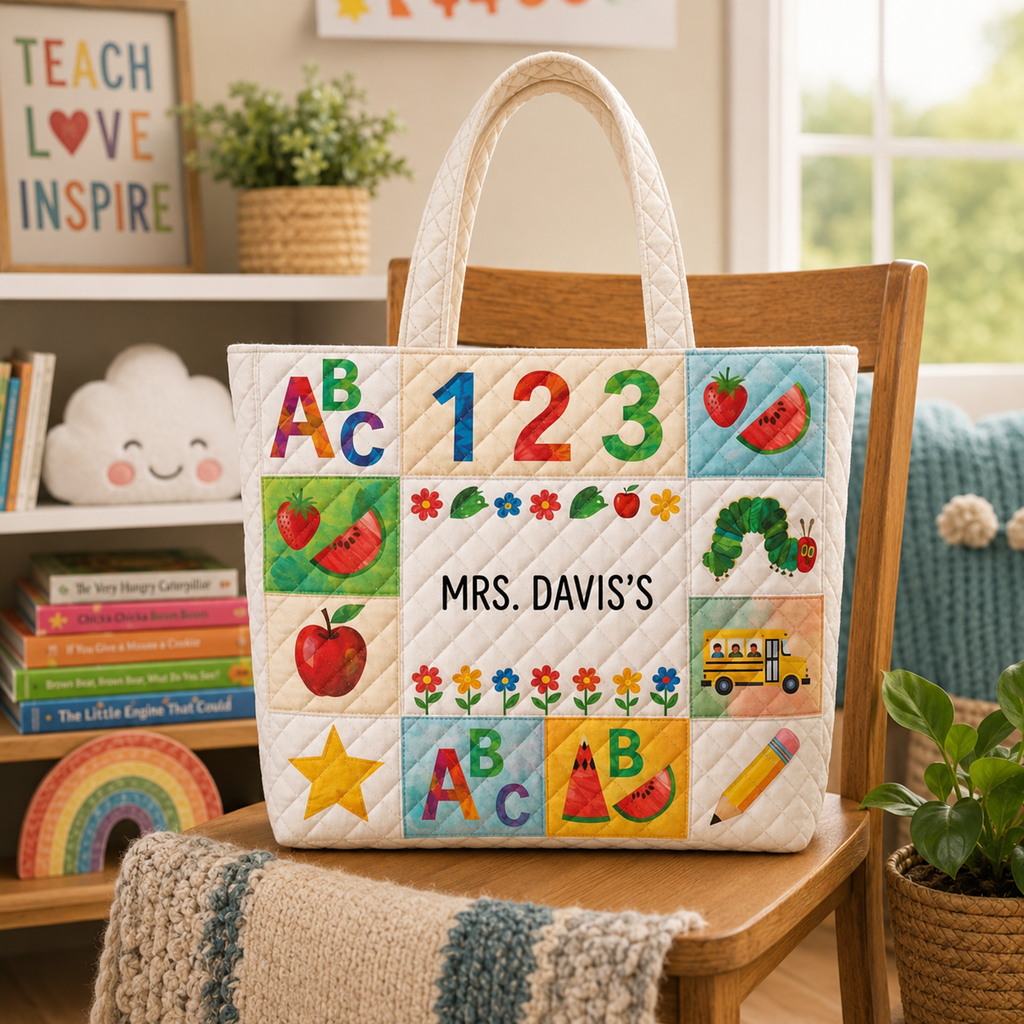 Personalized Quilted Tote Bag with ABC Design for Teachers - Custom Name Gift