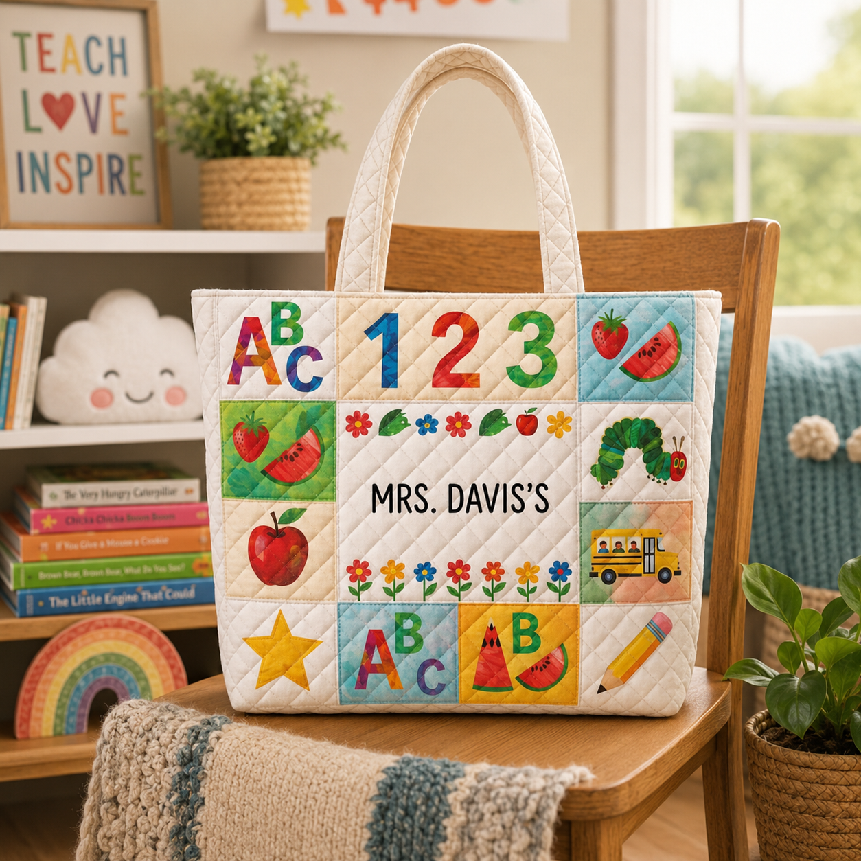 Personalized Quilted Tote Bag with ABC Design for Teachers - Custom Name Gift