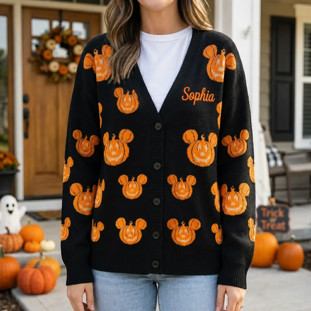 Personalized Pumpkin Halloween Cardigan for Women - Cozy Fall Apparel Cardigan GradoCreations