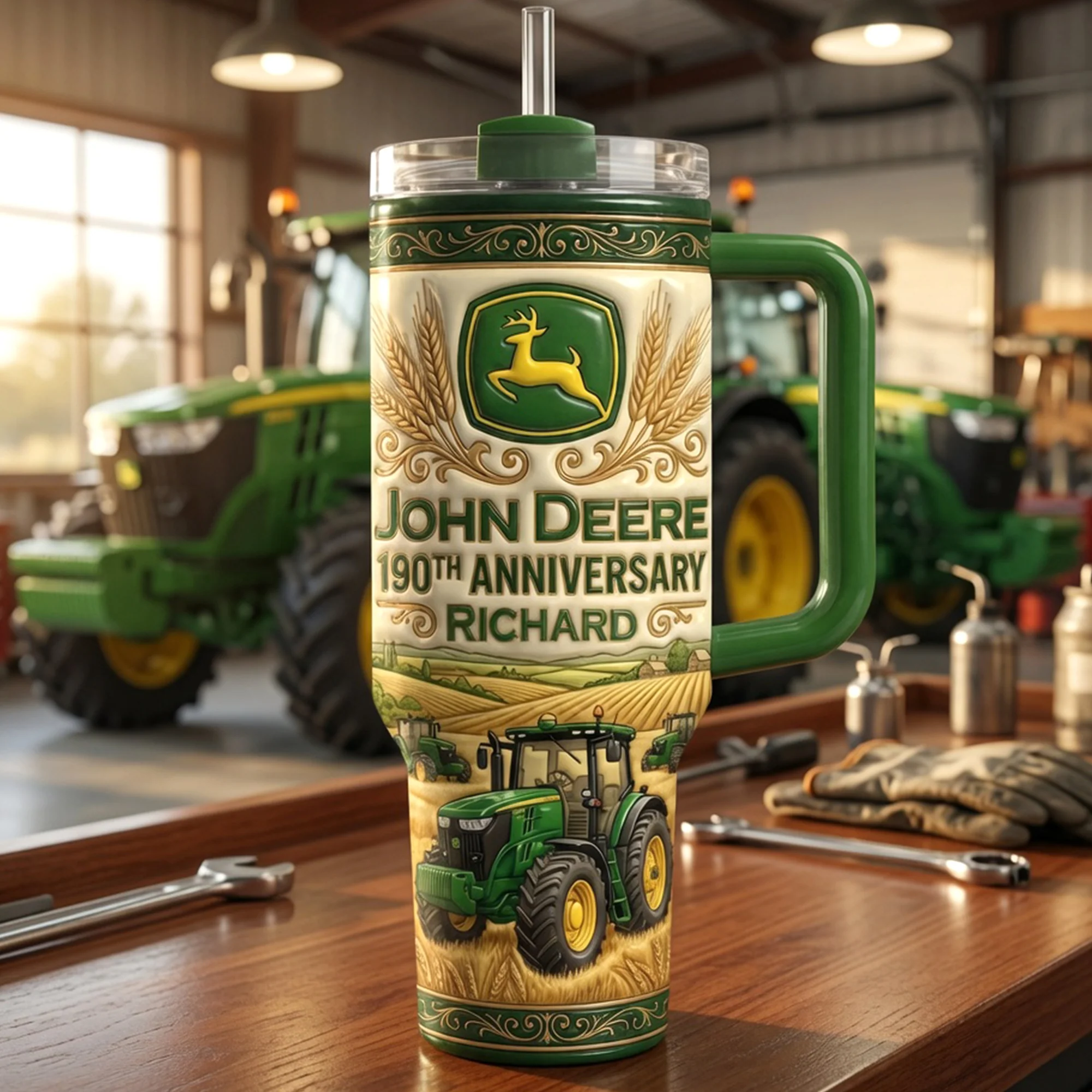 Personalized 40oz Green Tractor Tumbler Gift for Dad, Grandpa