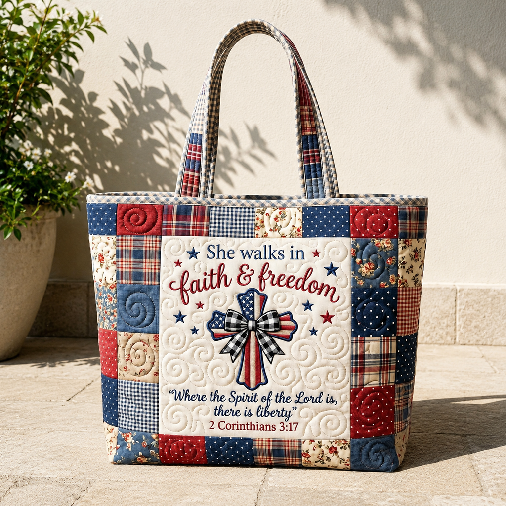 Personalized Patriotic Quilted Tote Bag with Bible Verse for Her