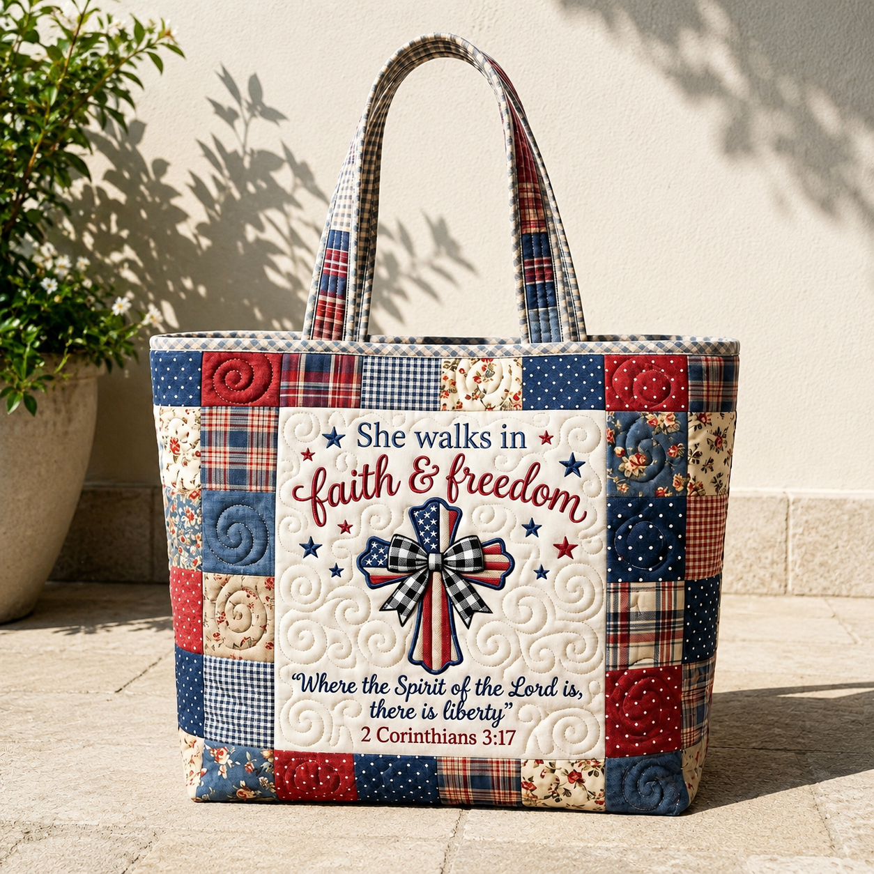 Personalized Patriotic Quilted Tote Bag with Bible Verse for Her