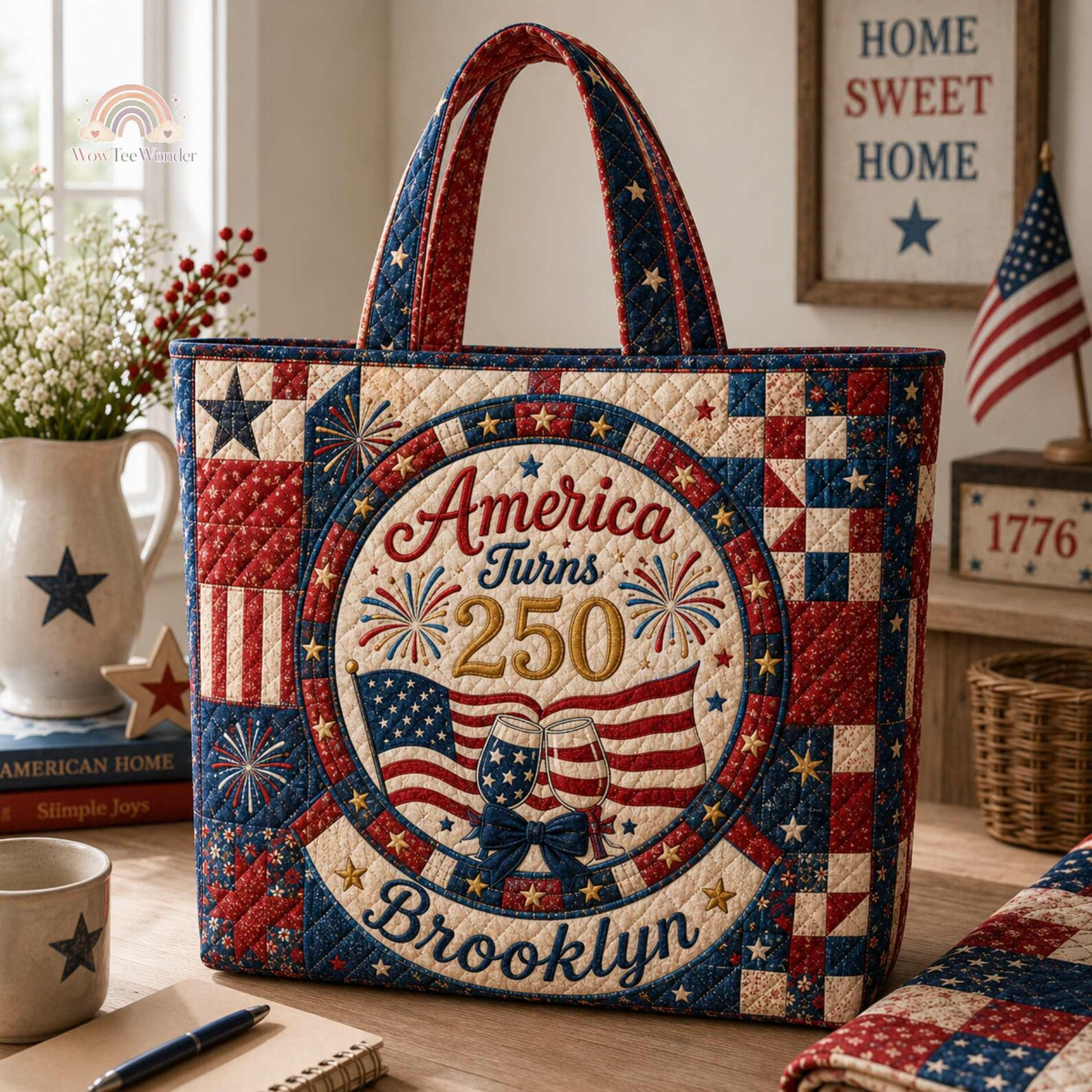 Personalized American Flag Quilted Tote Bag Custom Name Gift for Patriots