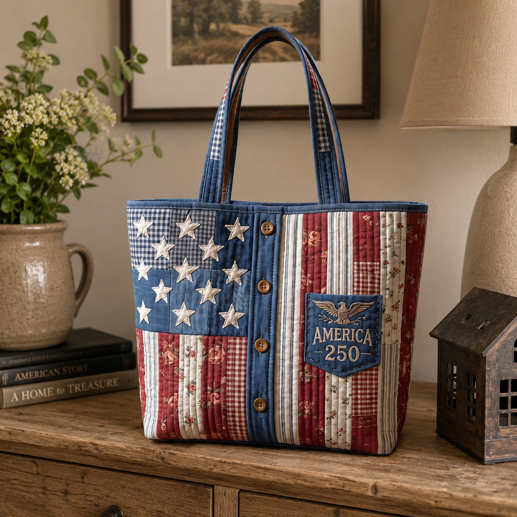 Personalized American Flag Quilted Tote Bag Gift for Her - 250th Anniversary