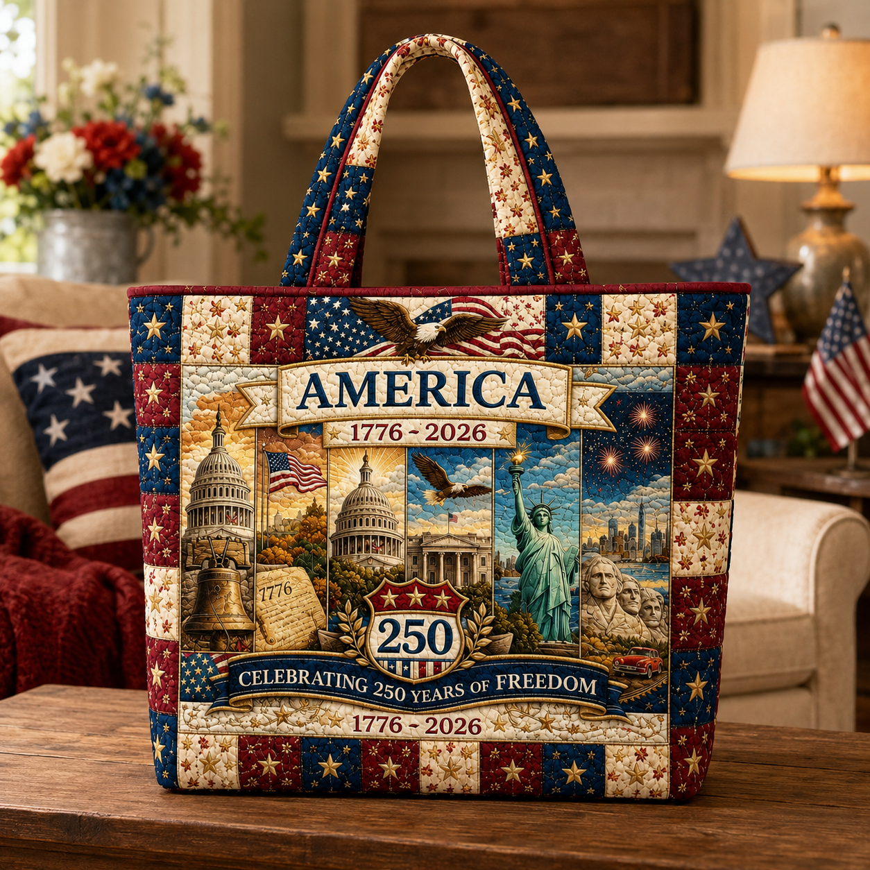 Patriotic Quilted Tote Bag with Eagle Design Gift for Her