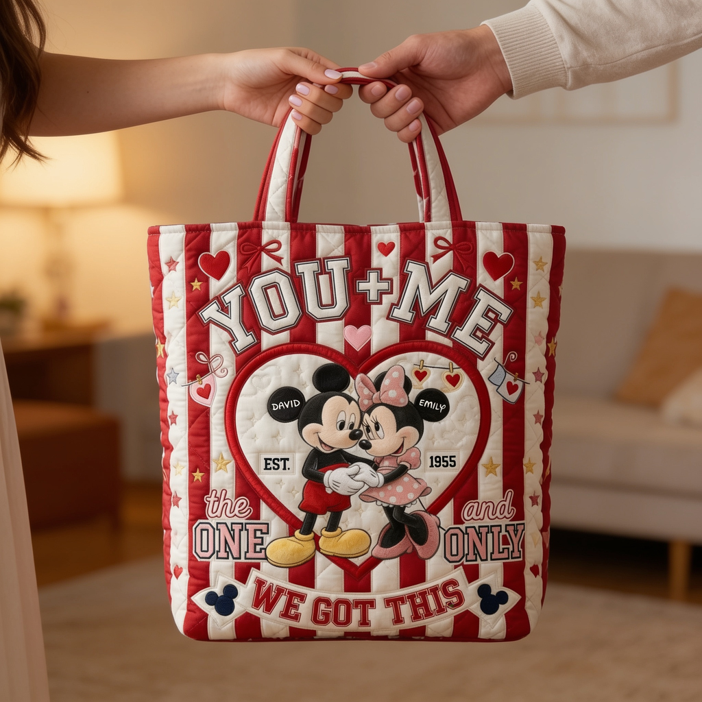 Personalized Quilted Tote Bag for Couples Gift - Custom Name Heart Design