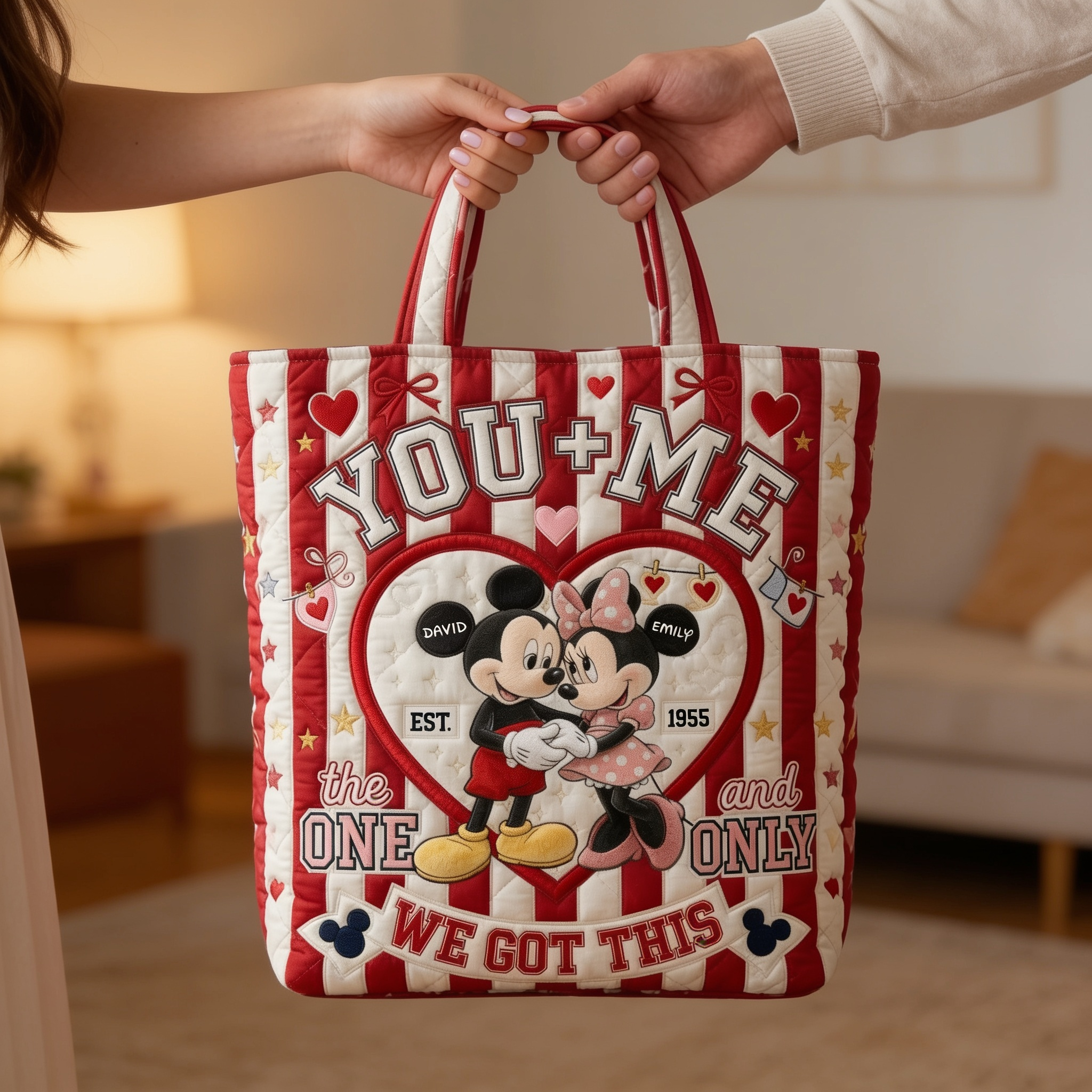 Personalized Quilted Tote Bag for Couples Gift - Custom Name Heart Design