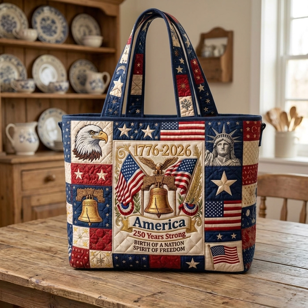 America 250 Years Strong Quilted Tote Bag - Patriotic Gift for Her