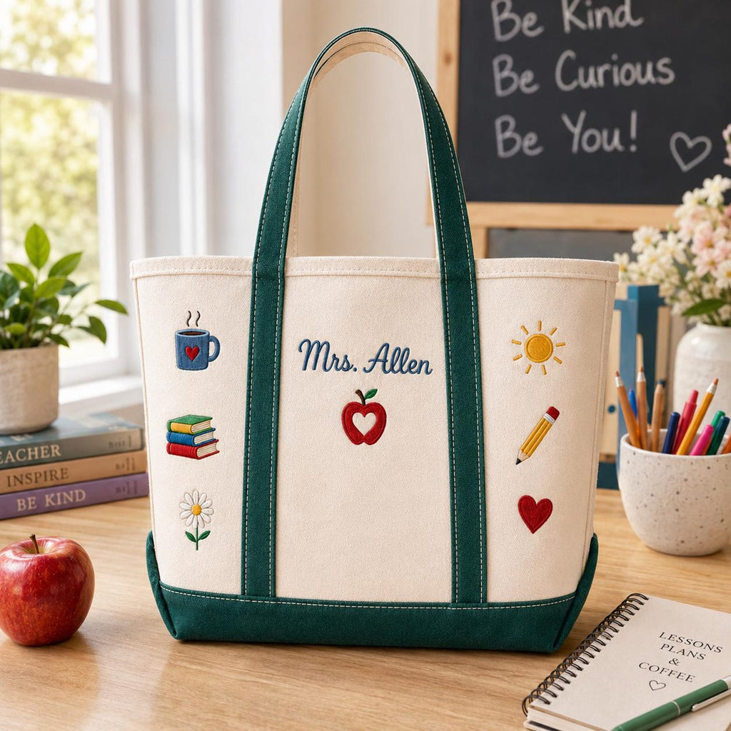 Personalized Teacher Tote Bag with Apple & Pencil Design Gift for Educators