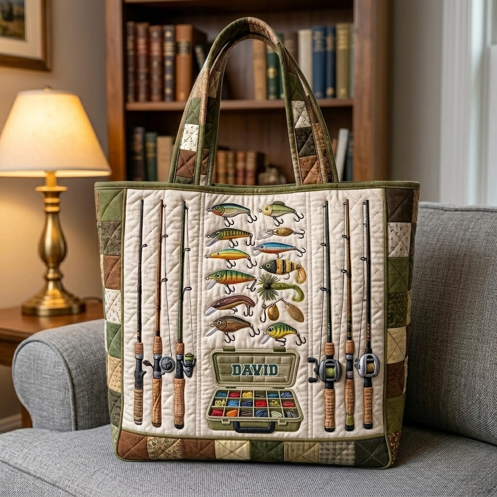 Personalized Fishing Tackle Box Quilted Tote Bag for Dad