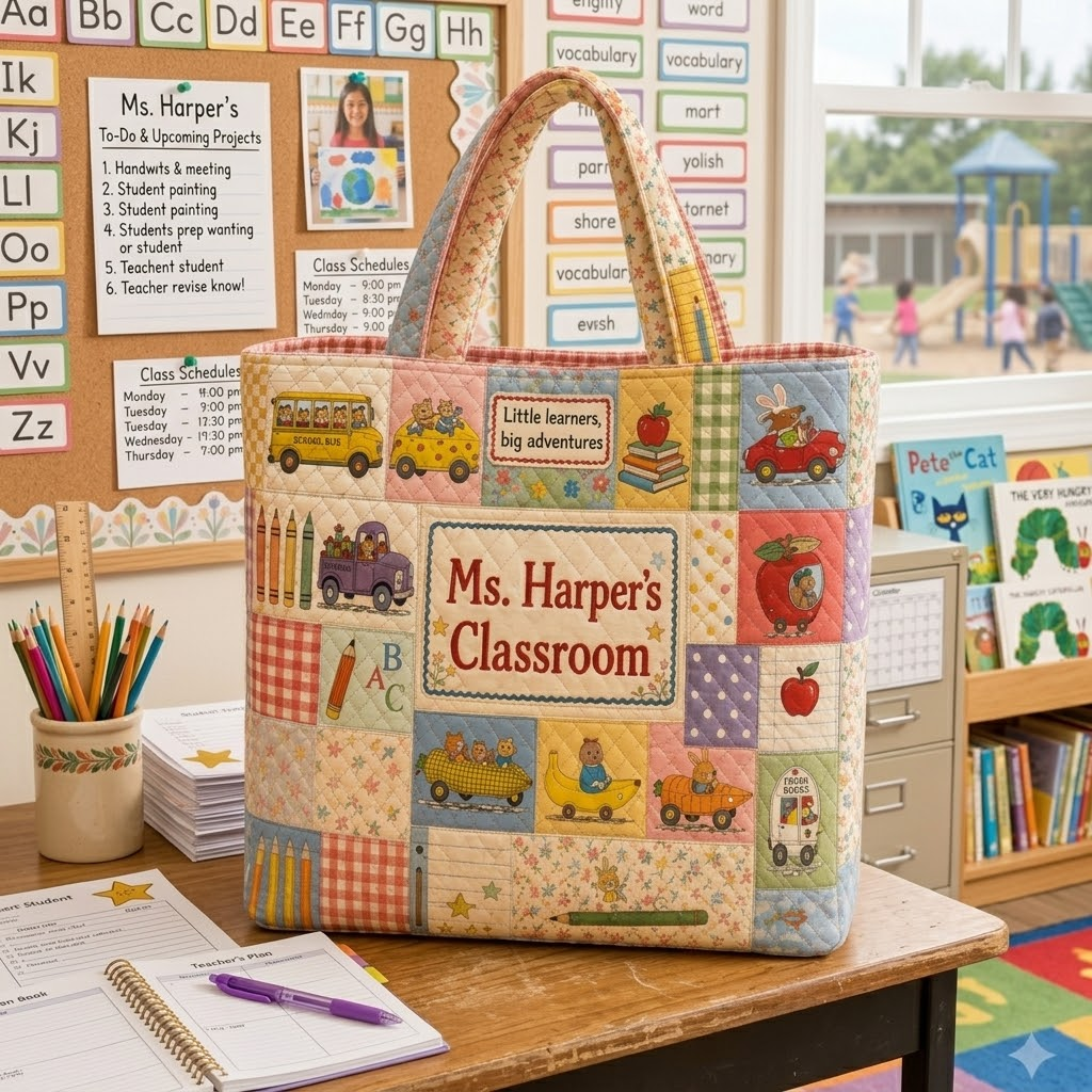 Personalized Quilted Tote Bag Custom Name Gift for Teacher