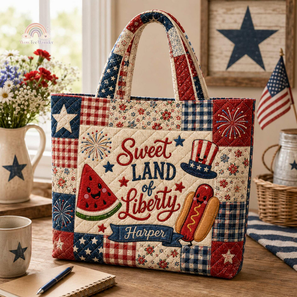 Personalized Quilted Tote Bag Custom Name Sweet Land of Liberty Gift for Independence Day