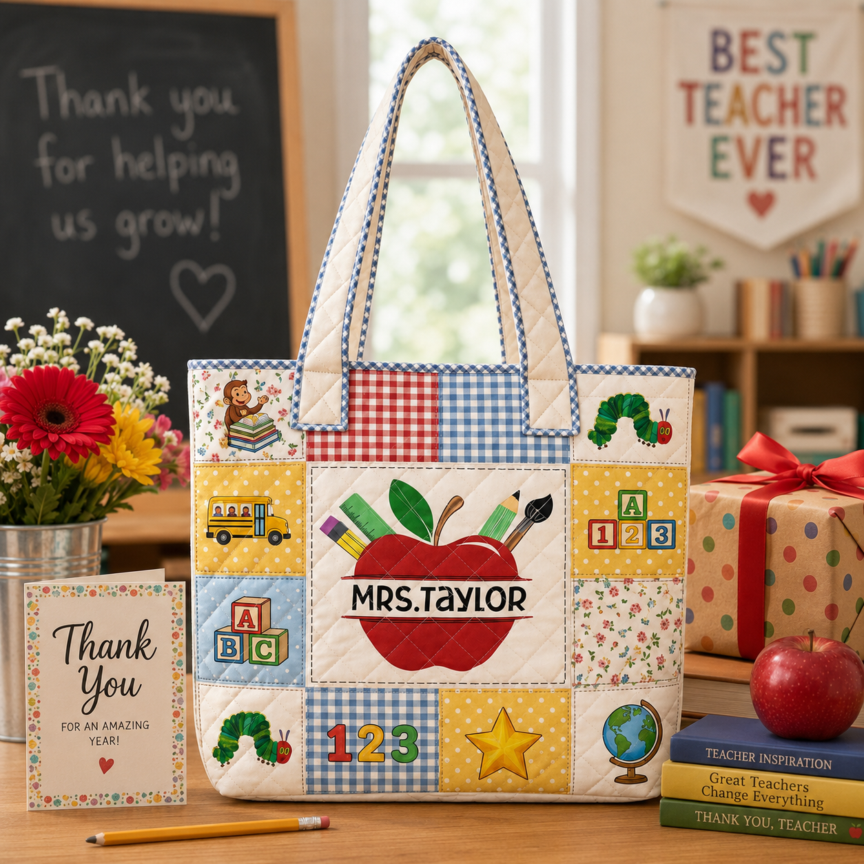 Personalized Quilted Tote Bag with Apple Pencil Design for Teacher