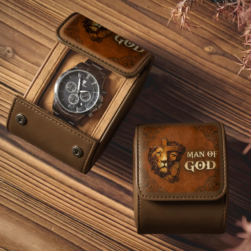Personalized Leather Watch Case with Man Of God Design Gift for Dad