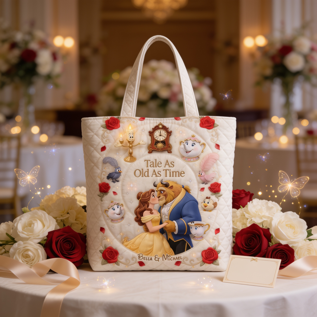 Personalized Quilted Tote Bag - Tale As Old As Time Gift for Couple