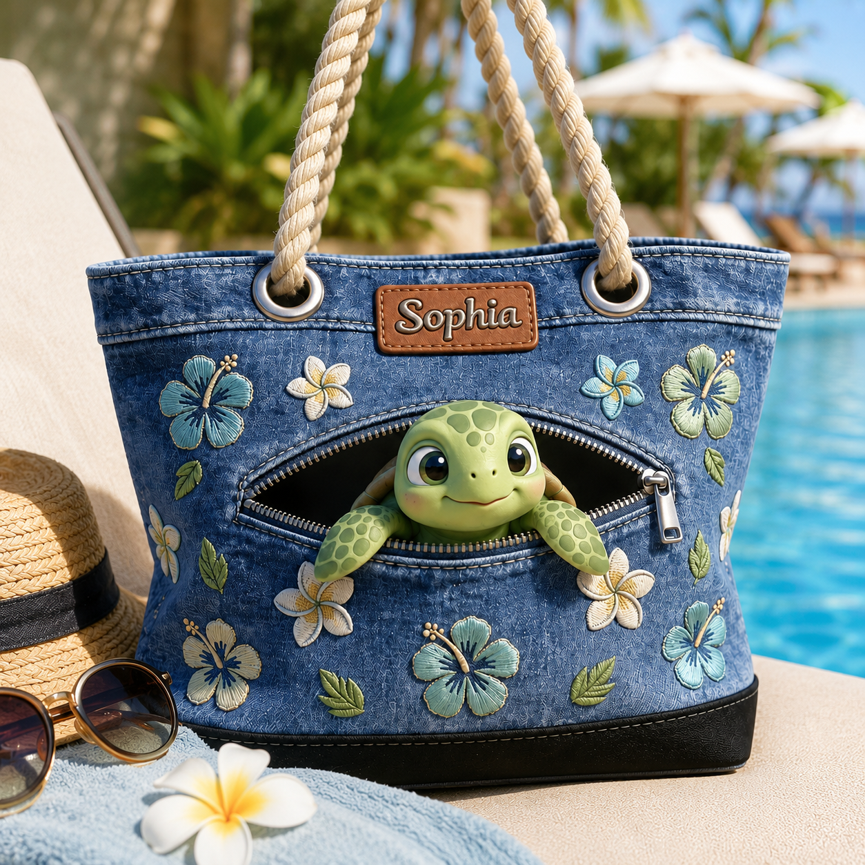 Personalized Beach Bag with Cute Sea Turtle Design for Her