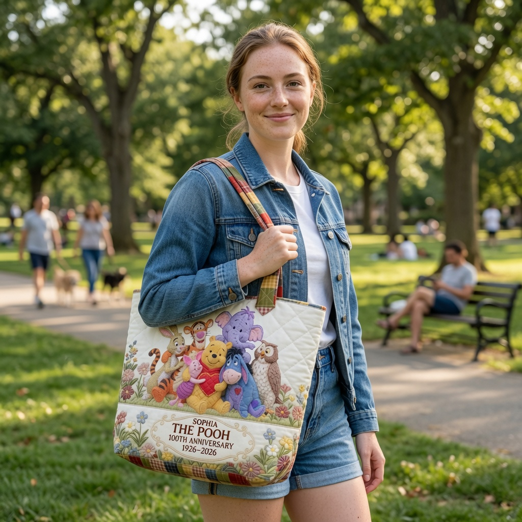 Personalized Quilted Tote Bag Winnie the Pooh 100th Anniversary Gift