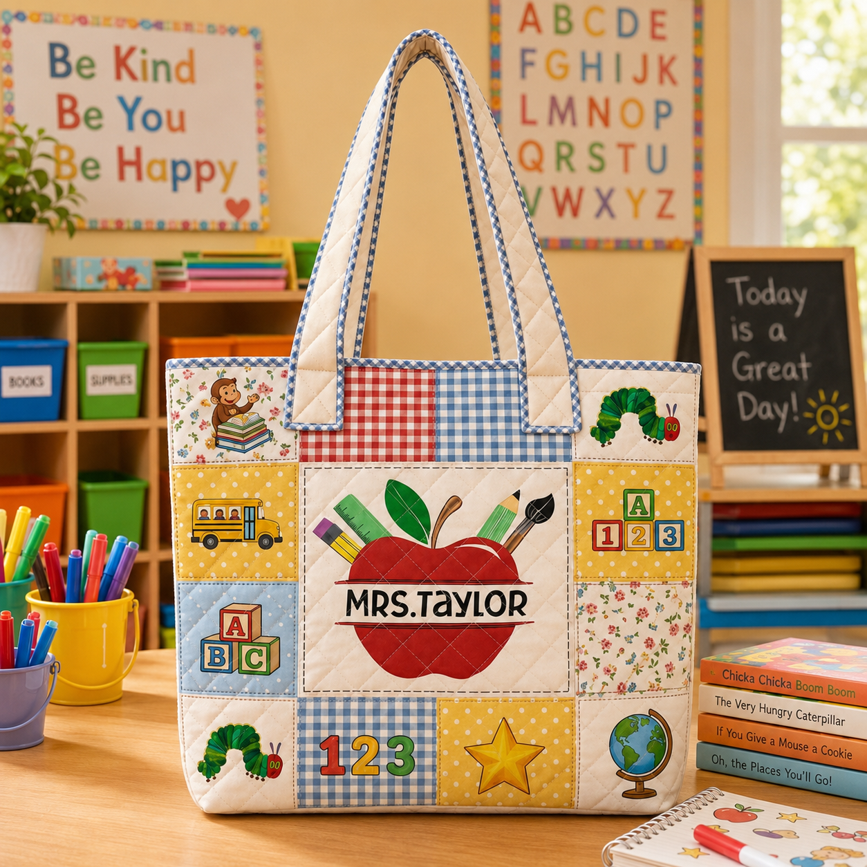 Personalized Quilted Tote Bag with Apple Pencil Design for Teacher