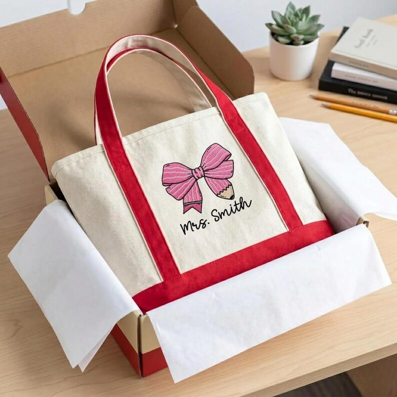 Personalized Embroidery Tote Bag with Teacher Bow Design Gift for Students