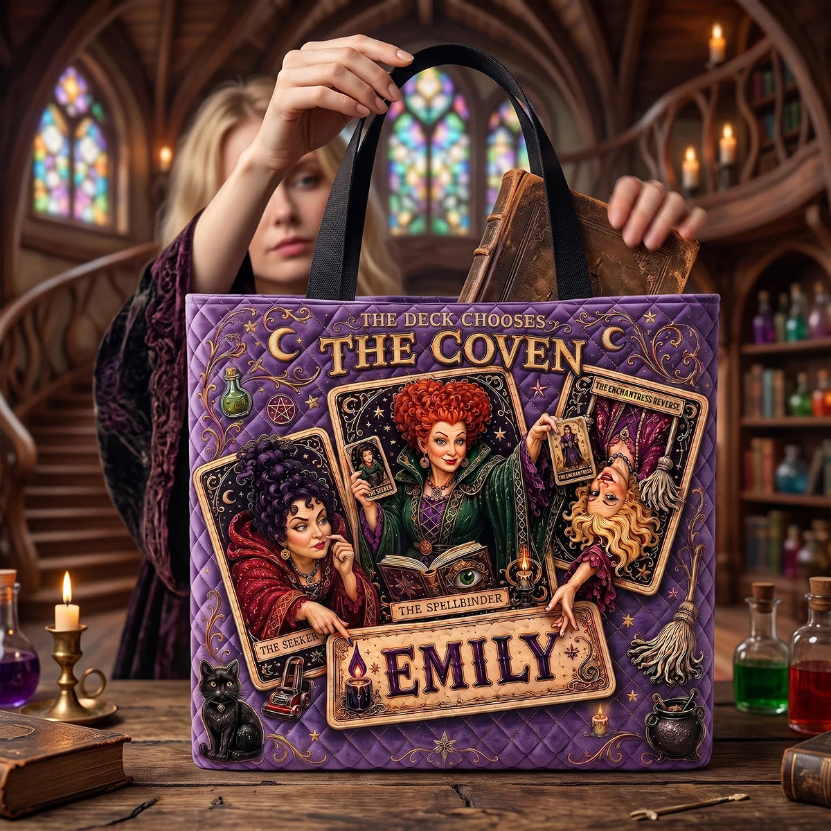 Custom Name Quilted Tote Bag Halloween Gift for Her Quilted Tote Bag GradoCreations