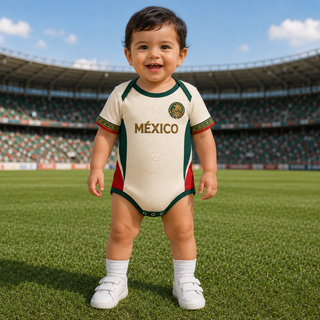 Personalized Mexico Aztec Sun Stone Baby Jersey Bodysuit Gift for New Moms, Dads, Soccer Lovers