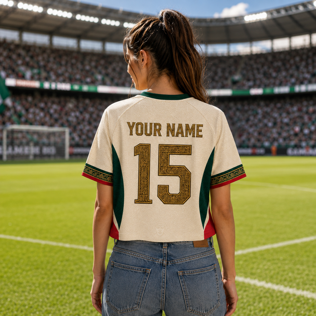 Personalized Mexico Aztec Sun Stone Soccer Jersey Crop Tee Gift for Football Lovers