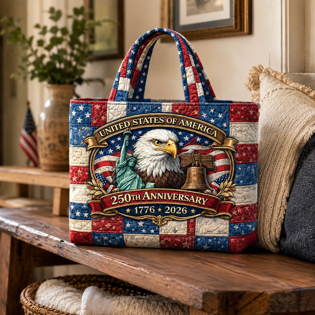 Quilted Patriotic Tote Bag Custom Design Gift for Her