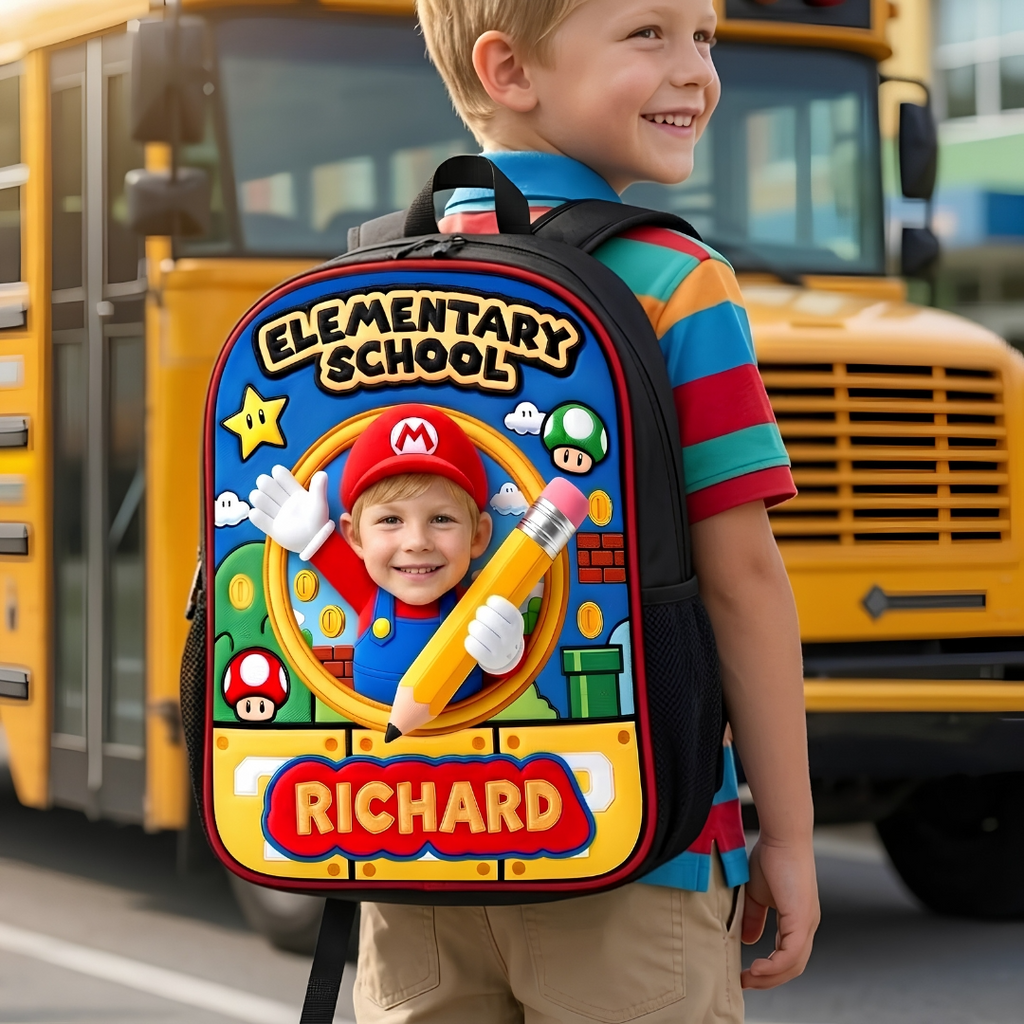 Personalized Mario Theme School Backpack Set for Kids - Custom Name Bag, Lunch Bag, Pencil Case & Water Bottle