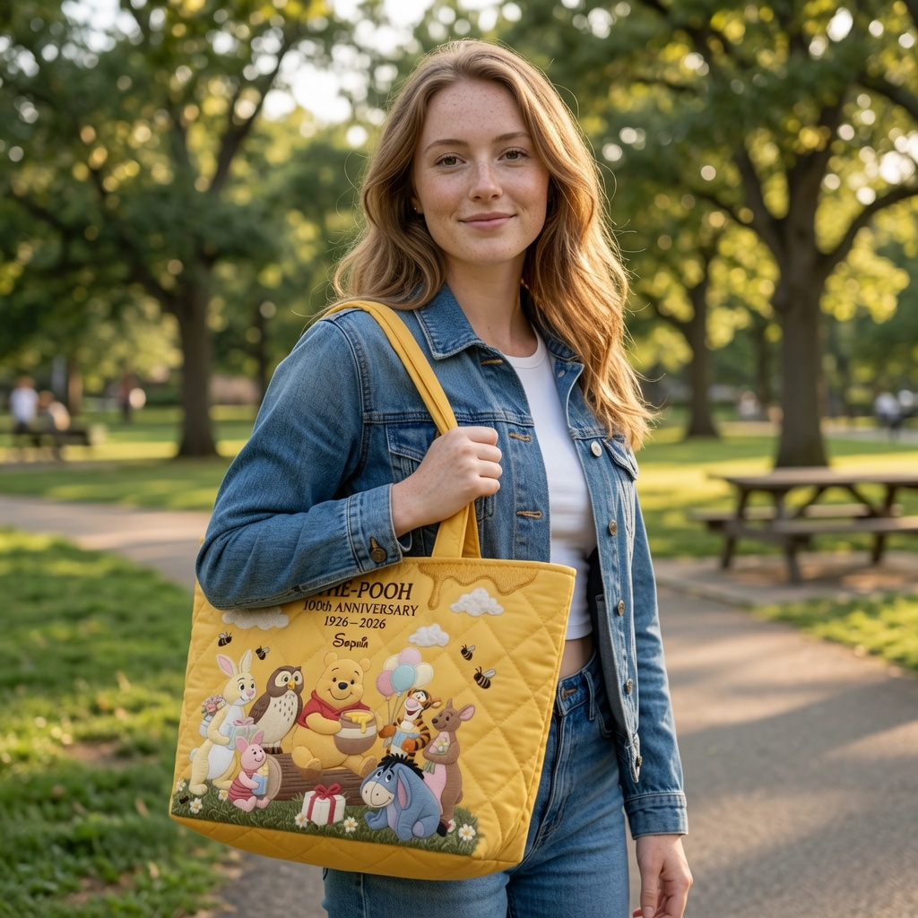 Personalized 100th Anniversary Winnie the Pooh Quilted Tote Bag Gift for Her