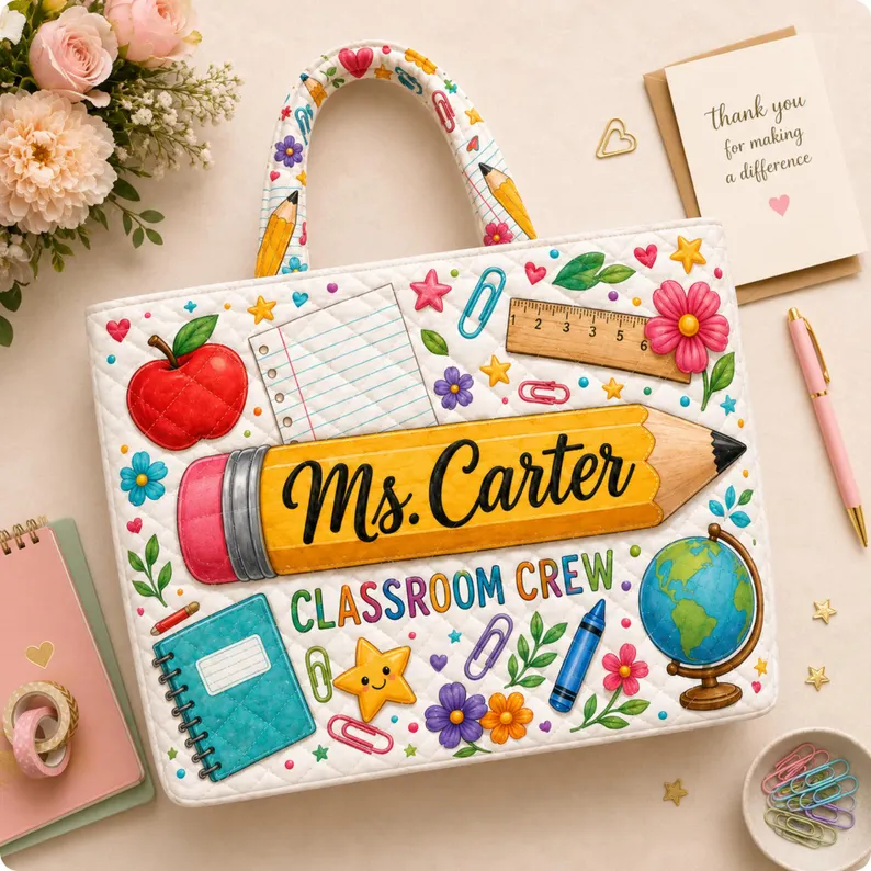 Personalized Teacher Tote Bag with Apple & Pencil Design Gift for Educator