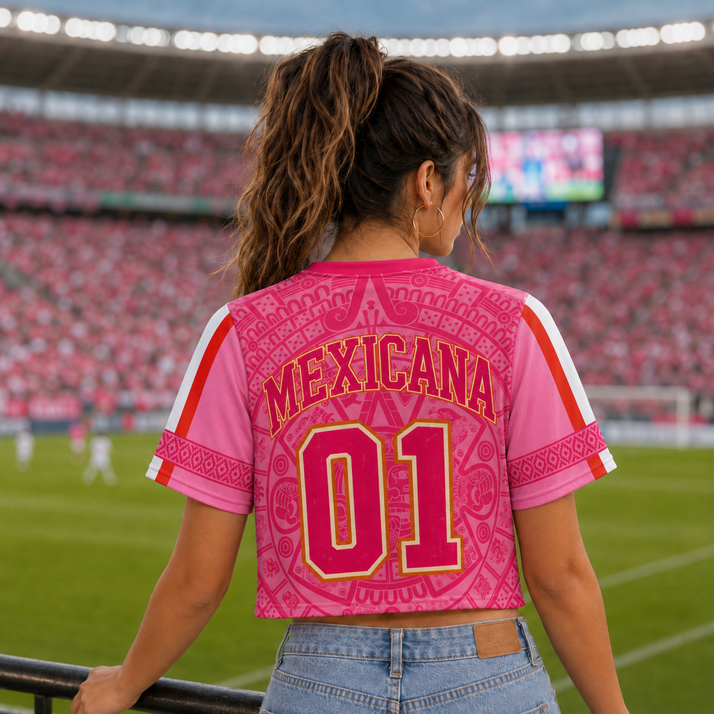 Personalized Pink Mexico Aztec Calendar Soccer Jersey Crop Tee Gift for Football Fans