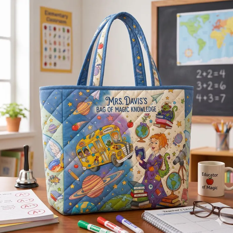 Personalized Quilted Tote Bag Gift for Teacher - Custom Name