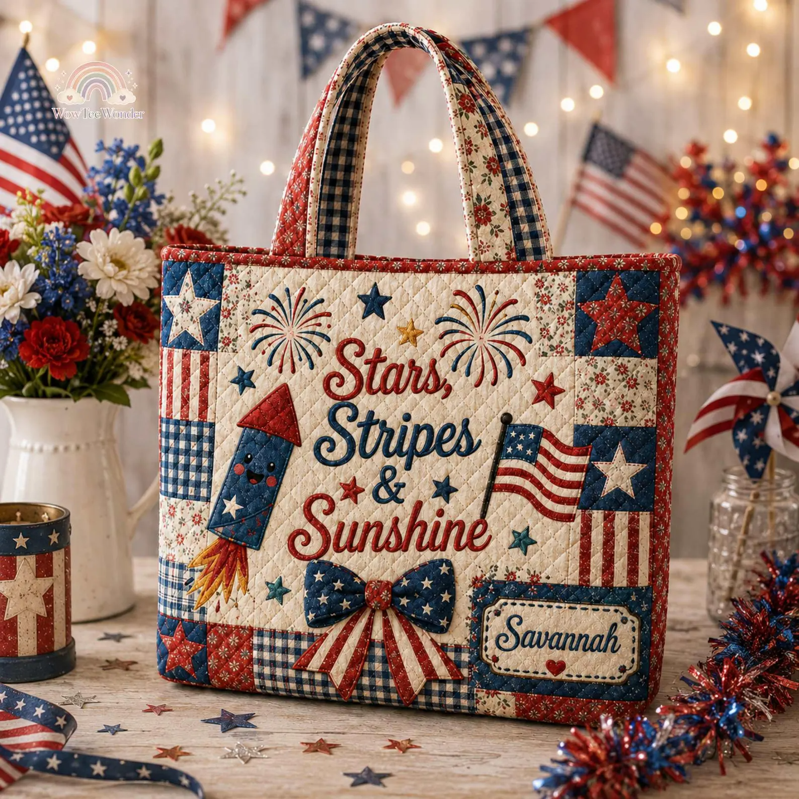 Personalized USA Flag Quilted Tote Bag Custom Name Gift for Patriots